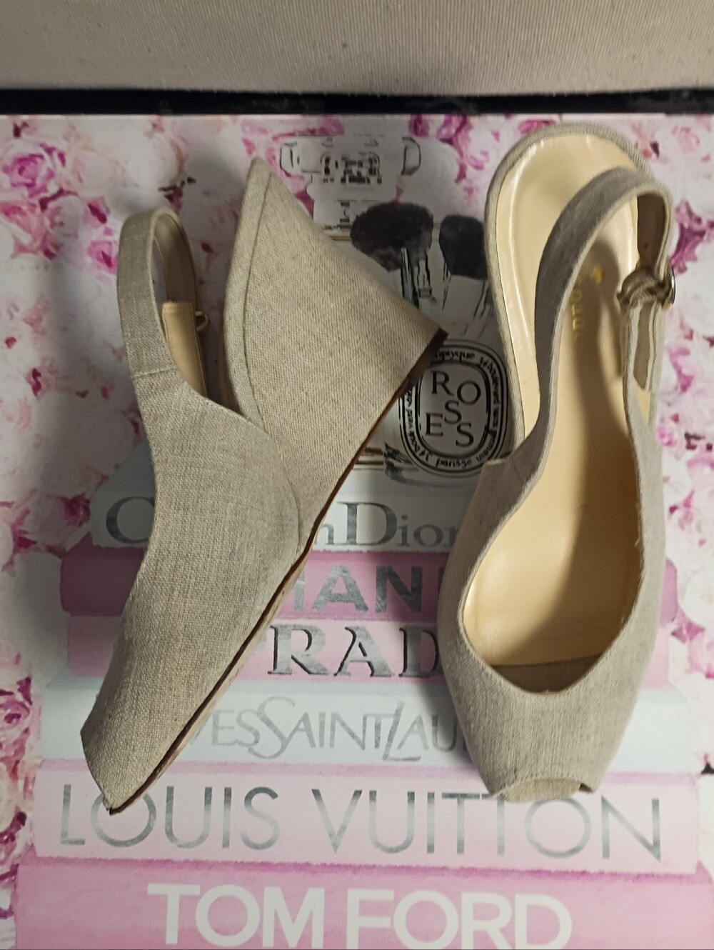 ❤️KATE SPADE NEW YORK BEIGE LINEN OPEN TOE SLINGBACK WEDGE SHOES 9 M